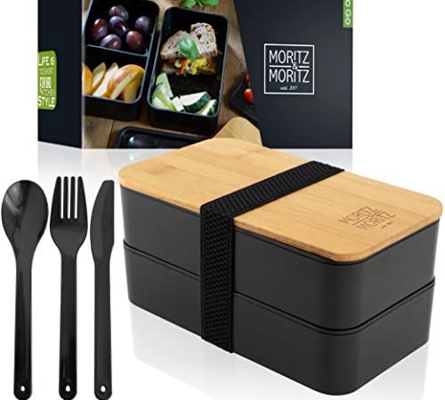 Moritz & Moritz Bento Box japonaise - Boîte à repas noire parfaite pour adultes et enfants - Boîte à pain avec compartiments - Idéal pour le travail, l'école et les déplacements