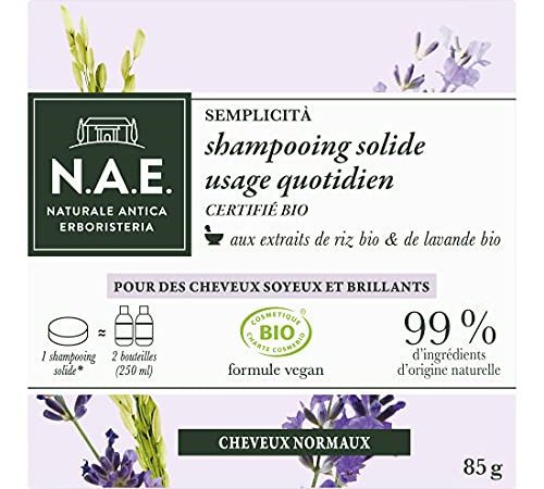 N.A.E. - Shampoing Solide Certifié Bio - Usage Quotidien Cheveux Normaux - Extraits de Riz Bio et de Lavande Bio - Formule Vegan - 99 % d'ingrédients d'origine naturelle - Savon de 85 g