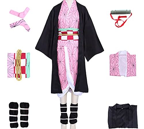 Nezuko Cosplay 10 pièces Ensemble de Déguisement Enfants Anime Kimetsu No Yaiba Costume avec Bambou Femmes Kamado Nezuko Tenue de Jeu Rôle (S, Nezuko costume)