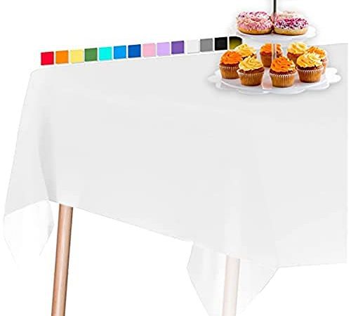 PartyWoo Nappe Blanche, 137 x 274 cm/54 x 108 Pouces - Rectangulaire - Lavable pour Table de 6 à 8 Pieds - Nappe imperméable pour fête, Anniversaire, Mariage (1 pièce)