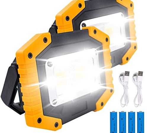 Projecteur LED Rechargeable,2 pièces 30W 2000LM Projecteur de Chantier LED,Projecteur Chantier USB Lampes de Camping Imperméable Portable avec 3 Modes pour Garage,pêche,Randonnée(4 piles incluses)