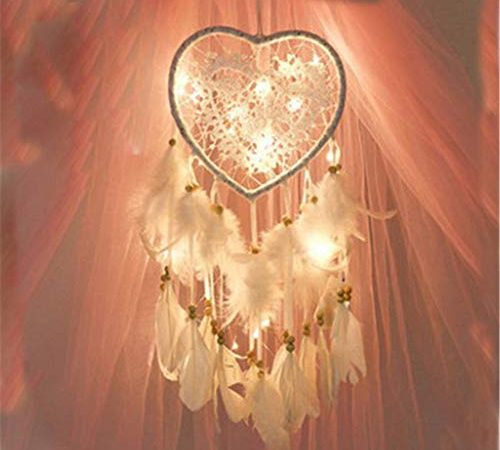 RAILONCH Attrape Rêve, Boho Style LED lumière Handemade pour Décoration Voiture Chambre, Capteur de rêves Tenture Murale déco Romantique (Blanc,lumière)