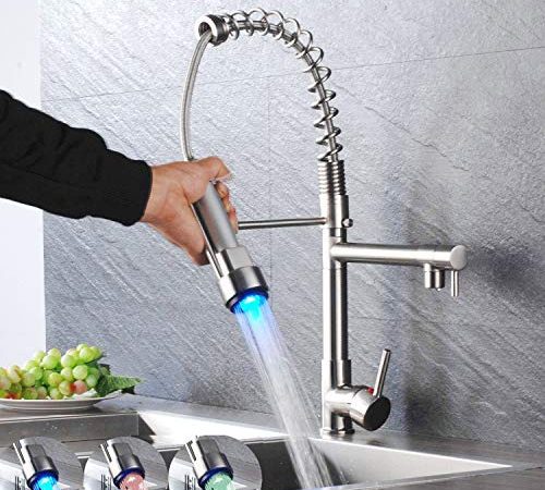 Saeuwtowy LED 3 Couleurs Changeantes Robinet de Cuisine Robinet Avec Douchette Flexible et Pivotante 360°Rétractable Robinet Avec Pulvérisateur Double Fonction,Laiton Durable Finition Surface Brossée