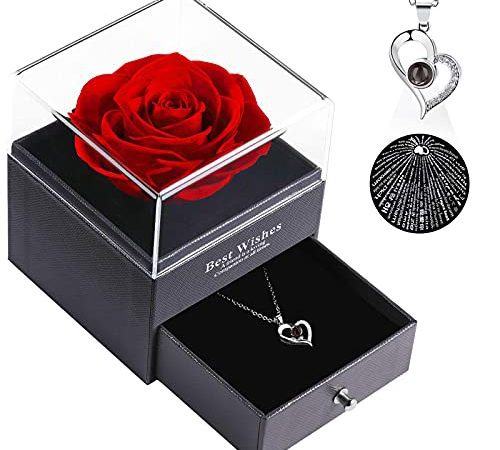 SANOTO Rose Eternelle avec Collier, Idee Cadeau Femme Maman Copine Cadeaux Anniversaire, Anniversaire Mariage, Fetes Des Meres, Saint Valentin, Noel