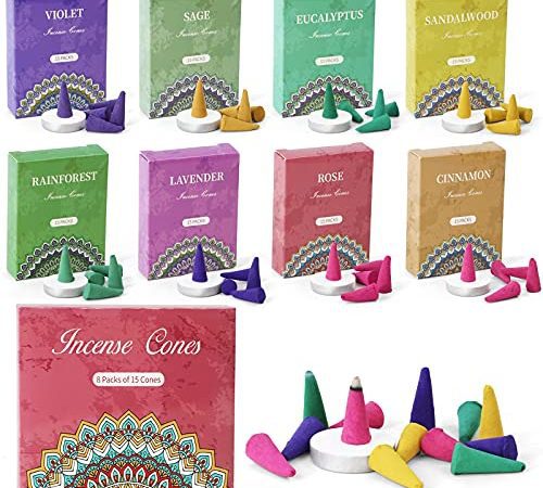 SCENTORINI Cônes d'Encens, Assortiment Encens Cone 120pcs, 8 Parfums, Encens Naturels pour Méditation Yoga Purification Relaxation