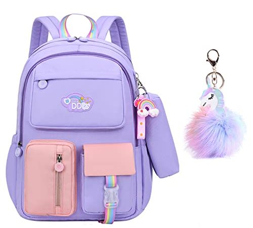 SEDEX Cartable Fille Primaire Sac à Dos Enfant Toile Fermeture éclair Imperméable Léger Sports Ecole Voyage Étanche Backpack pour École Filles Garçons Scolaire Sac avec Porte-clés(Violet)