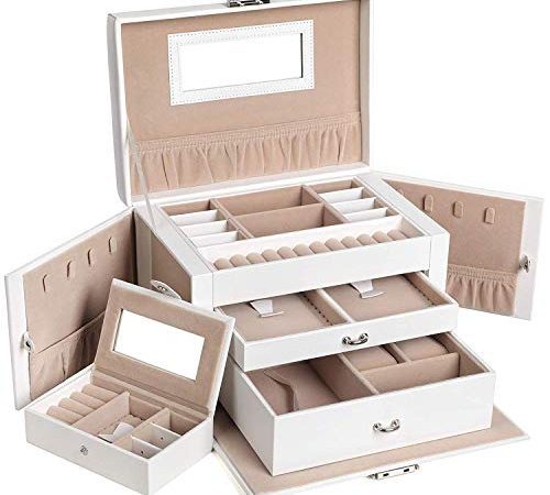 SONGMICS Boîte à bijoux, Organisateur avec 2 tiroirs, Coffre verrouillable avec miroir, portable, doublure en velours, idée cadeau, Blanc JBC121W