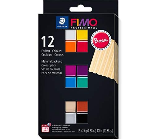 Staedtler FIMO Professional, Assortiment de 12 demi-pains de pâte FIMO façon argile aux couleurs vives assorties, Pâte à modeler durcissant au four et facile à démouler, 8043 C12-1