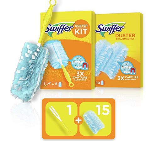 Swiffer Duster Kit, 1 Plumeau + 15 Recharges, Plumeau Poussière, Attrape-Poussière et Retient la Poussière