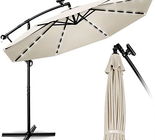 tillvex Parasol déporté LED solaire hexagonale 3M avec manivelle | Pare-soleil avec pied | Protection UV en aluminium pour le jardin | Parasol à manivelle pour le marché déperlant (Beige)