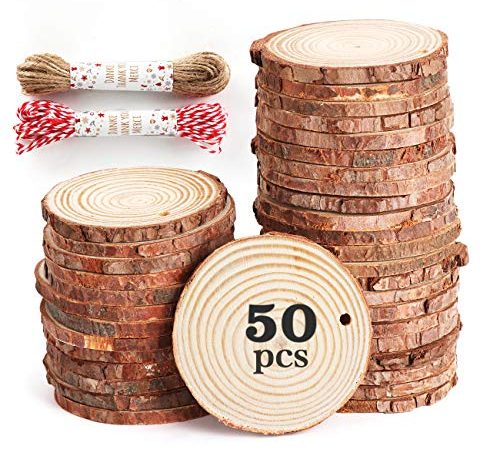 50pcs 6-7cm Tranche de Bois Naturel avec Corde de 20 mètres, Rondelles de Bois disques en Bois,Découpe Parfaite pour Le processus de Bricolage Cadeau décoration