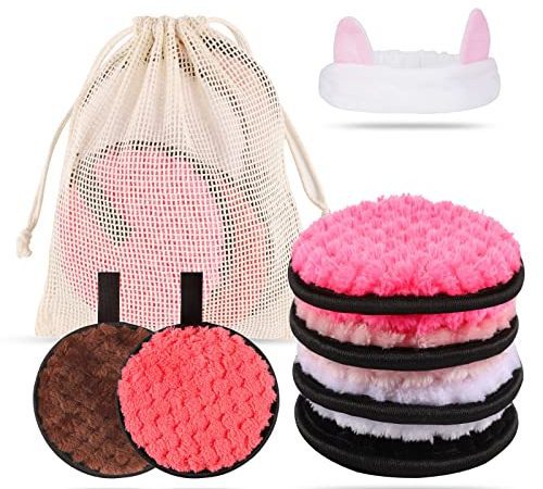 6 Pcs Coton Demaquillant Lavable, Lingettes Démaquillage Réutilisable Disque Demaquillant Lavable avec Bandeau de Cheveux Maquillage et sac à linge lavable pour Lavage du Visage, Soins de la Peau