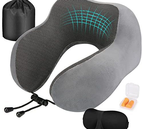 Amazon Brand - Eono Coussin de Voyage, Oreiller de Voyage à Memoire de Forme, Coussin Voyage Ergonomique pour Avion et Train, Masque pour Dormir, Bouchons d' Oreilles, Sac Transport Inclus