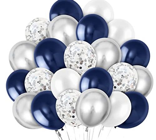 Ballon Bleu Marine, 60PCS Ballon Bleu Anniversaire, Ballon Confettis Argent, Ballon Bleu Blanc pour Decoration Mariage Garcon Naissance Bapteme Communion Baby Shower