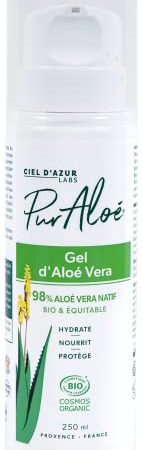 Ciel d'Azur Labs - Gel d'Aloé Vera Bio Pur Aloé - 98% Aloé Vera Natif Bio & Équitable - Visage et Corps - Certifié Bio Cosmos Organic - 99% d'Origine Naturelle - Flacon 250 ml