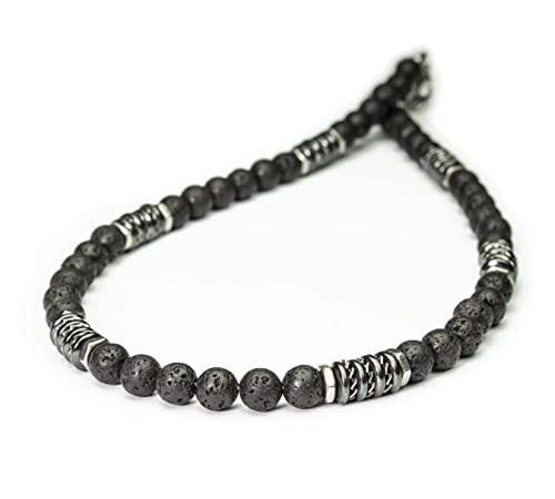 Collier Homme perles 8mm pierre naturelle Lave Volcanique noir rondelles Hématite métal INOX Style antique Fait main en France COLLIFOS218 (50-55cm)