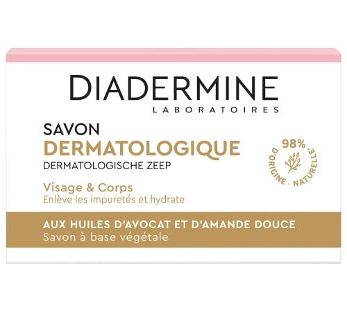 Diadermine - Savon dermatologique aux extraits hydratants d'amande douce et avocat - Visage et Corps - Nettoie et protège la peau du dessèchement - La boîte de 100g