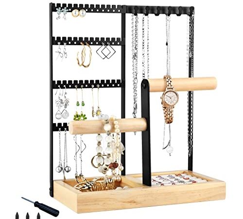 Flymer Présentoir à Bijoux, Porte-Boucles d'Oreilles Porte Bijoux avec Plateau et Crochets pour Chaînes Boucles d'Oreilles Bagues Bracelets Montres (Noir)