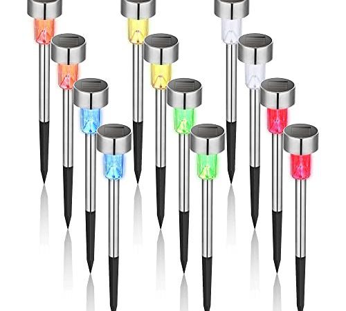 GIGALUMI Lampe solaire extérieur colorée 12 Pcs en acier inoxydable lampe LED Jardin sans fils 6 couleurs pour l'extérieur