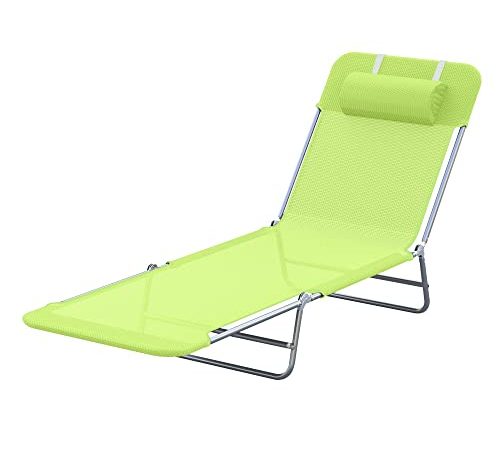 HOMCOM Chaise Longue Pliante Bain de Soleil inclinable transat textilene lit Jardin Plage Vert