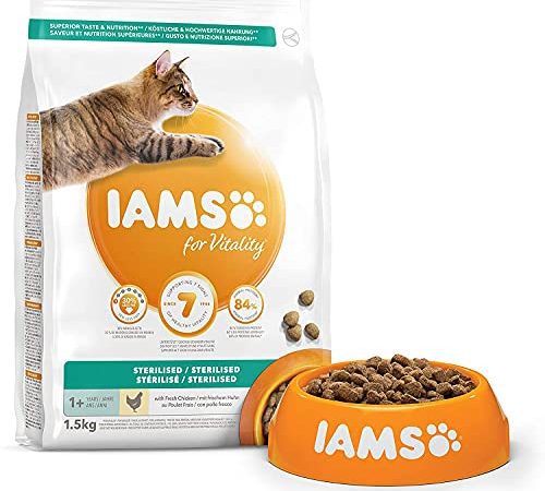 IAMS Vitality - Croquettes Premium Chats stérilisés - savoureuses complètes équilibrées - Favorise Croissance et Vitalité - Au poulet frais – Sans OGM colorant arôme artificiel - Sac refermable 1,5 kg