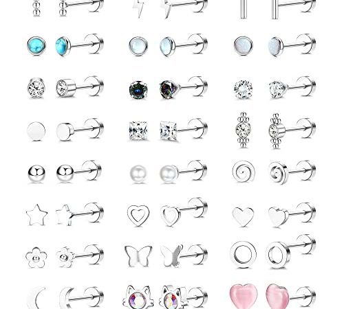 JeweBella 24 Paires Petite Boucles d'Oreilles Femme Acier Inoxydable 20G Piercing Oreille Cartilage Géométrique Etoile Lune Coeur Perle Fleur CZ Plat Dos Clou d'Oreilles Ensemble Piercing Bijoux