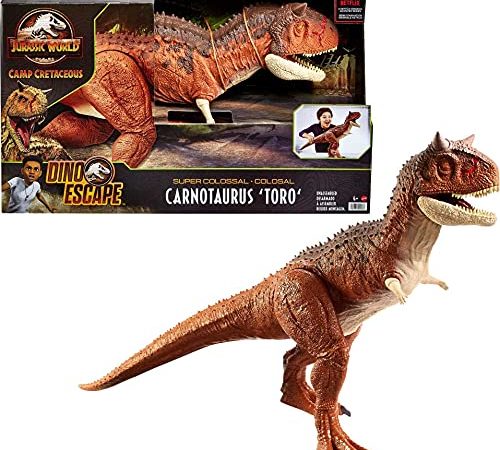 Jurassic World : la Colo du Crétacé, grande figurine articulée dinosaure Carnotaurus Toro Super Colossal, 91 cm de long, jouet pour enfant, HBY86