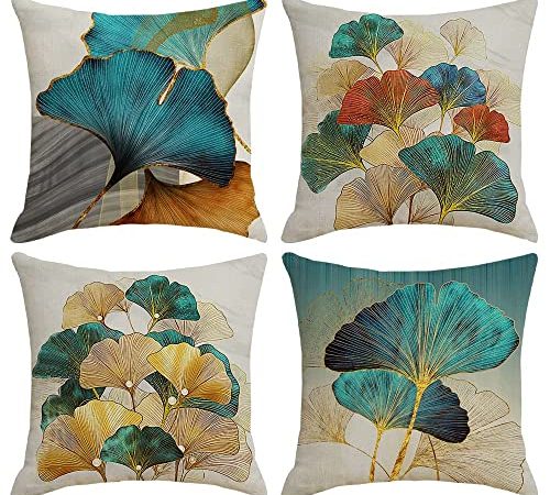 KSSKEN Lot de 4 Housse de Coussin 45x45cm, Ginkgo Biloba Taie d'oreiller Décoratif Canapé en Coton et Lin pour Canapé Lit Chambre Chaise Jardin Décoration de Printemps