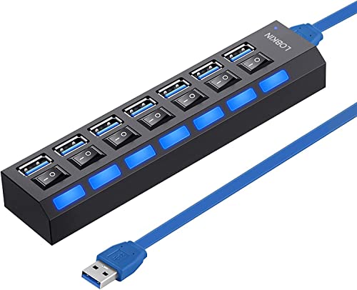 LOBKIN Hub USB 7 Ports, hub USB 3.0 Portable avec Interrupteur d'alimentation LED individuels pour Ordinateur Portable, PC, MacBook et Autres appareils USB