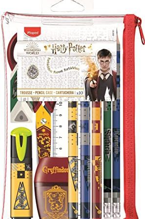 Maped - Trousse de Fournitures Scolaires Harry Potter 10 pièces - Ciseaux - 1 taille-crayons - 1 gomme - 1 surligneur - 3 feutres pointes fines - 2 graphites Couleur