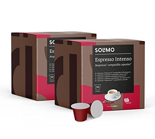 Marque Amazon - Solimo Capsules de café Espresso Intenso compatibles avec Nespresso, 100 capsules (2 paquets x 50) - Certifié Rainforest Alliance