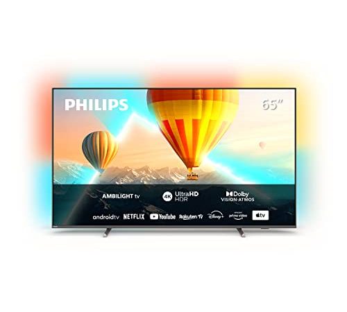 Philips "Exclusif à Amazon 65PUS8107, Téléviseur 65 Pouces LED Intelligent 4K UHD, (HDR), Dolby Atmos, Image et Son Cinématographiques, Design Fin, 60 Hz, Ambilight, Android TV, Assistant Google