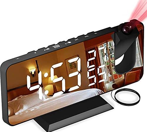 Reveil Projecteur avec Radio, Horloge Numérique, Radio Reveil USB avec Double Alarme et Écran Miroir LED de 7, Snooze, 4 Niveaux de Luminosité, 12/24h, 15 Volume, pour La Maison, Le Bureau