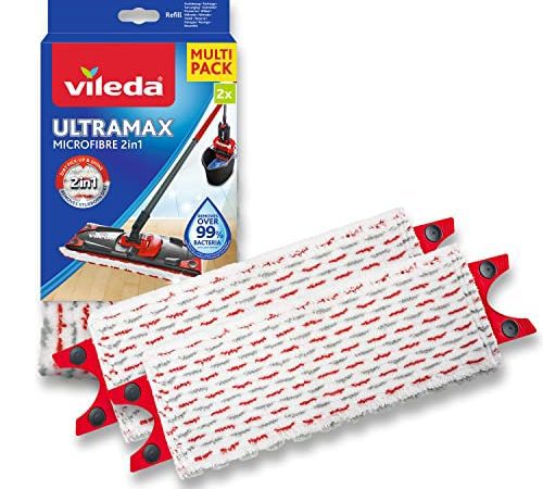 Vileda Recharge UltraMax, paquet de 2, convient à tous les systèmes de balais à plats Vileda, pour tous types de sols, retire plus de 99 % des bactéries avec juste de l'eau