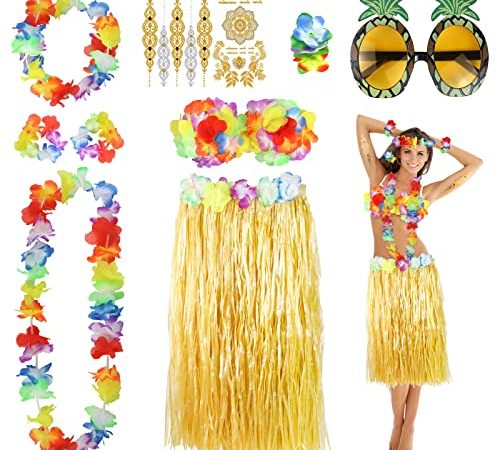 YAOYIN 9Pcs Costumes hawaïens pour Femme, Costume hawaïen, Guirlande de Fleurs, Ananas, Lunettes de Soleil, Soutien-Gorge à Fleurs, Tatouage adhésif, Costume de Carnaval, Décoration de Plage