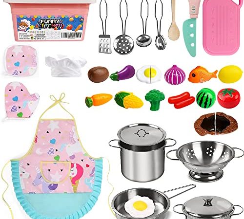 Accessoire Cuisine Enfant, Chef Jeu de rôleUstensiles de Cuisine Jouet en Bois avec Acier Inoxydable Casseroles et Poêles Cuisine et Costume Habiller, Chef Jeu de rôle pour Garçons et Filles 3-6 Ans