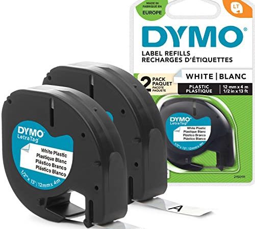 DYMO LetraTag Étiquettes en Plastique Authentique | 12 mm x 4 m | Noir sur Blanc | Étiquettes autocollantes pour étiqueteuse DYMO LetraTag | 2 étiquettes