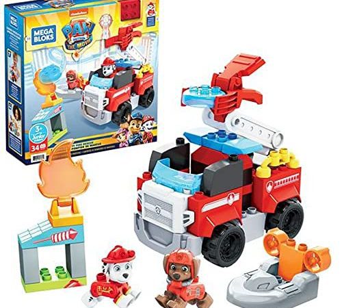 Mega Bloks PAW Patrol Marshall's City Fire Rescue, 33 Mini Building Blocks, Marshall and Zuma Figures, Building Toys for Toddlers, ​Ages 3+, GYJ01