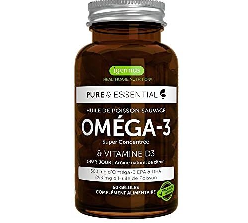 Oméga-3 Super Concentré & Vitamine D3, 410 mg EPA & 250 mg DHA par gélules, Huile de Poisson Sauvage, 1-par-jour, 60 gélules