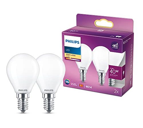 Philips ampoule LED Sphérique E14 40W Blanc Chaud Dépolie, Verre, Lot de 2