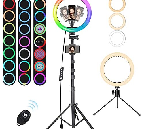 Ring Light avec Trépied, MICCYE Selfie Anneau Lumineux 10" LED Lumière Anneau avec 3 Modes d'éclairage 21 Couleurs RGB et 9 Niveaux de Luminosité