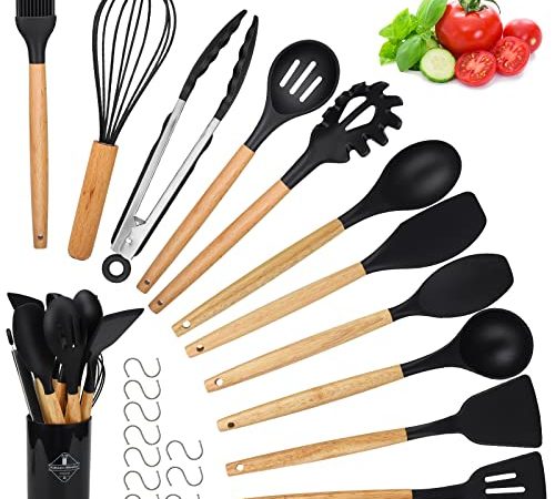 Ustensiles de Cuisine en Silicone, hicoosee 22 PCS Accessoire Cuisine Set sans BPA, Kit d'Ustensiles de Cuisine en Silicone et Bois, Ustensiles Cuisine Antiadhésive Set avec Pot de Rangement, Noir