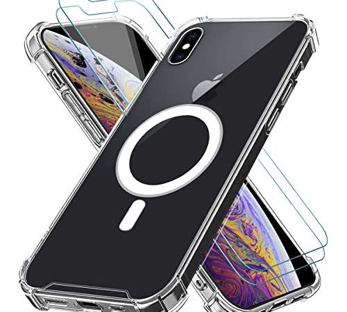 Vauki Coque Magnétique pour iPhone XS Max avec 2 Verre Trempé Etui Con Cercle Magnétique Intégré Silicone TPU Bumper Cover Magnet Antichoc pour iPhone XS Max,Transparente
