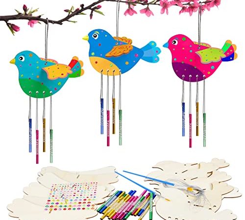 WEDNOK 6 Kits Bricolage Oiseaux 3D Carillon à Vent Artisanat en Bois à Peindre Décoration Suspendue DIY Activité Manuelle Loisirs Créatifs pour Enfants Printemps Cadeau Anniversaire Jouet Fête Party